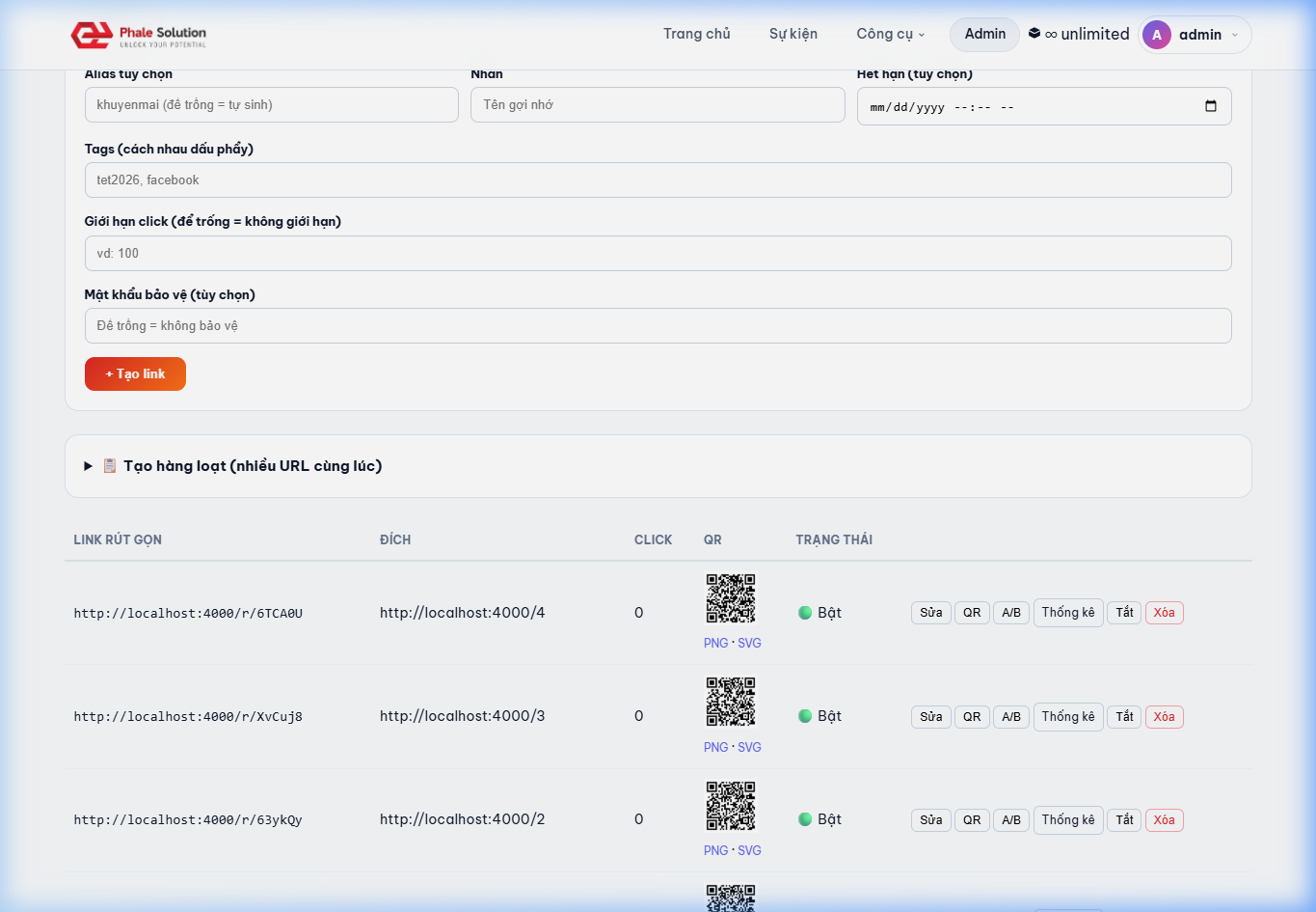 Dashboard quản lý liên kết