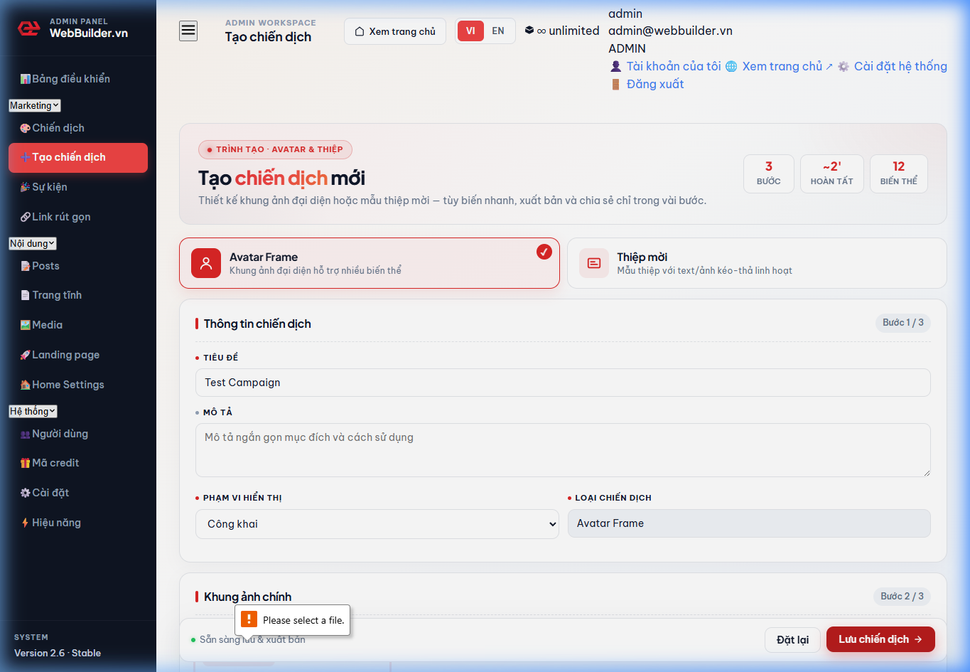 Giao diện Campaign Builder Canvas
