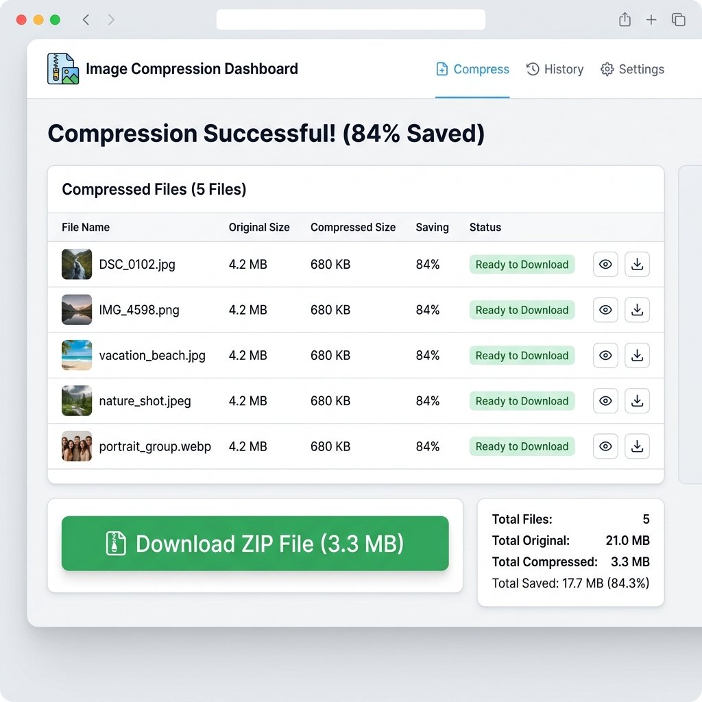 Ảnh chụp màn hình: Kết quả nén ảnh thành công và nút tải file ZIP