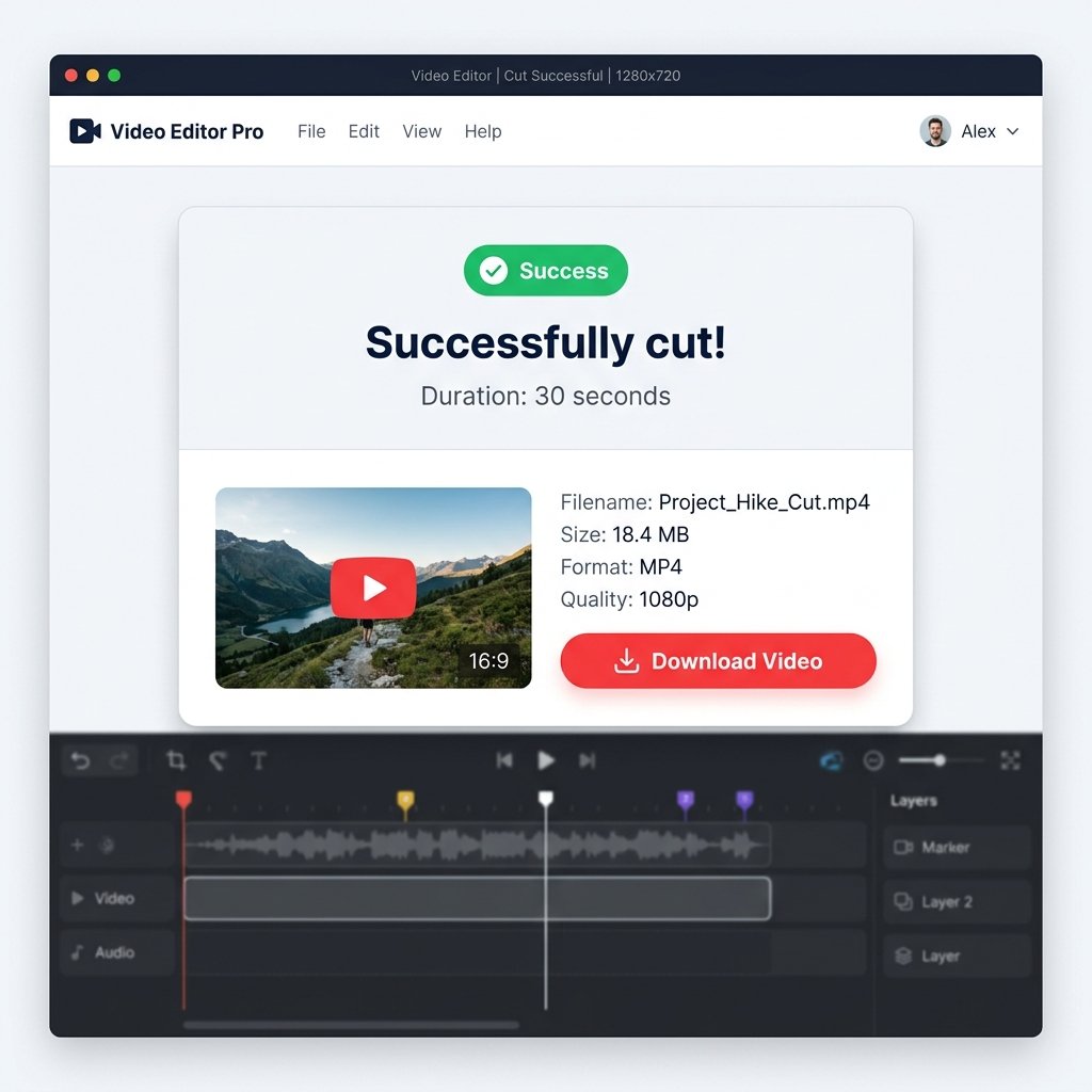 Ảnh chụp màn hình: Báo cáo cắt video thành công và nút tải về file mới