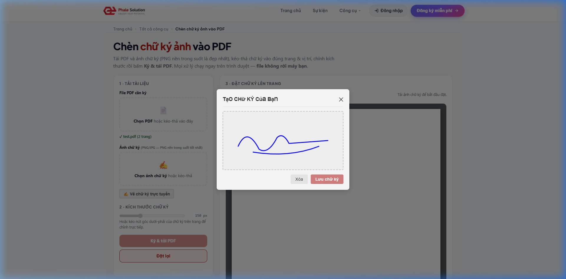 Ảnh chụp màn hình: Giao diện kéo thả và vẽ chữ ký trên PDF