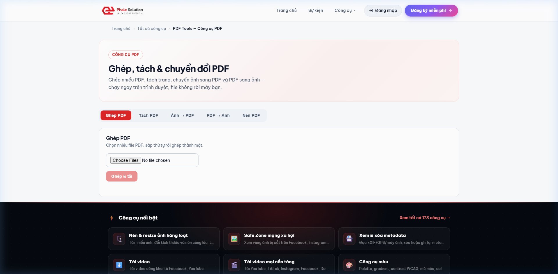 Ảnh chụp màn hình: Danh mục các công cụ xử lý PDF trên WebBuilder