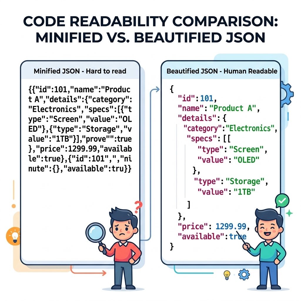Đồ họa: So sánh mã JSON thô vs Mã JSON đã định dạng