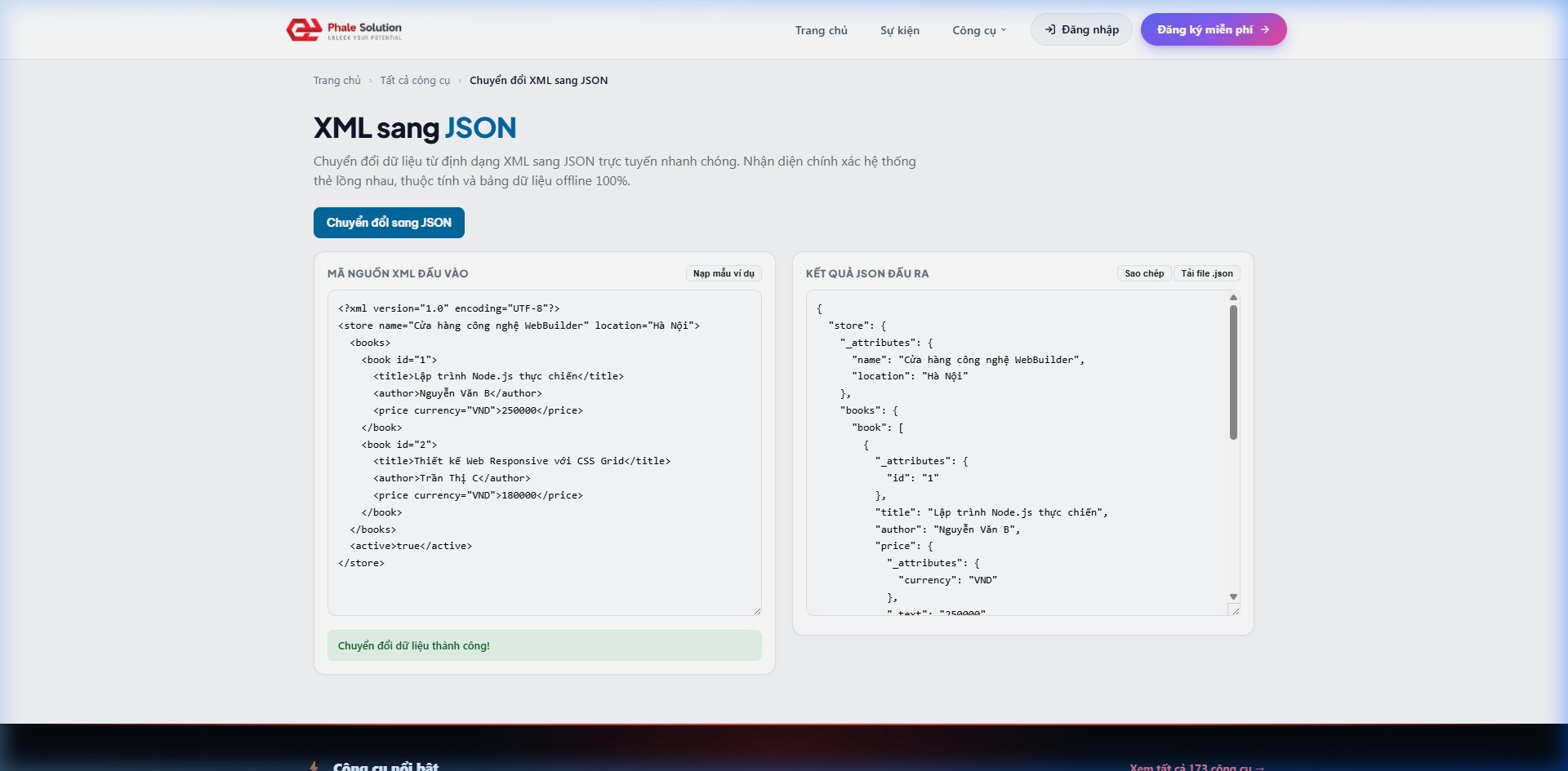 Ảnh chụp màn hình: Giao diện chuyển đổi XML sang JSON