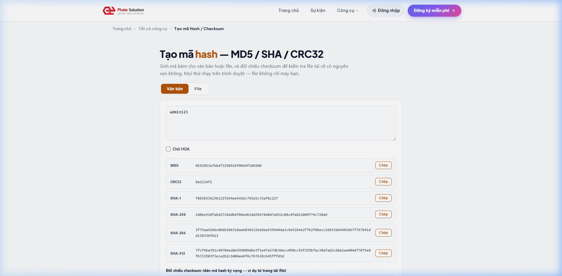 Ảnh chụp màn hình: Giao diện tạo mã Hash trực tuyến