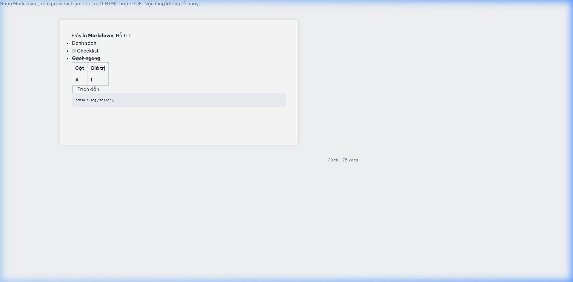 Ảnh chụp màn hình: Hộp xuất code HTML sạch và nút in PDF