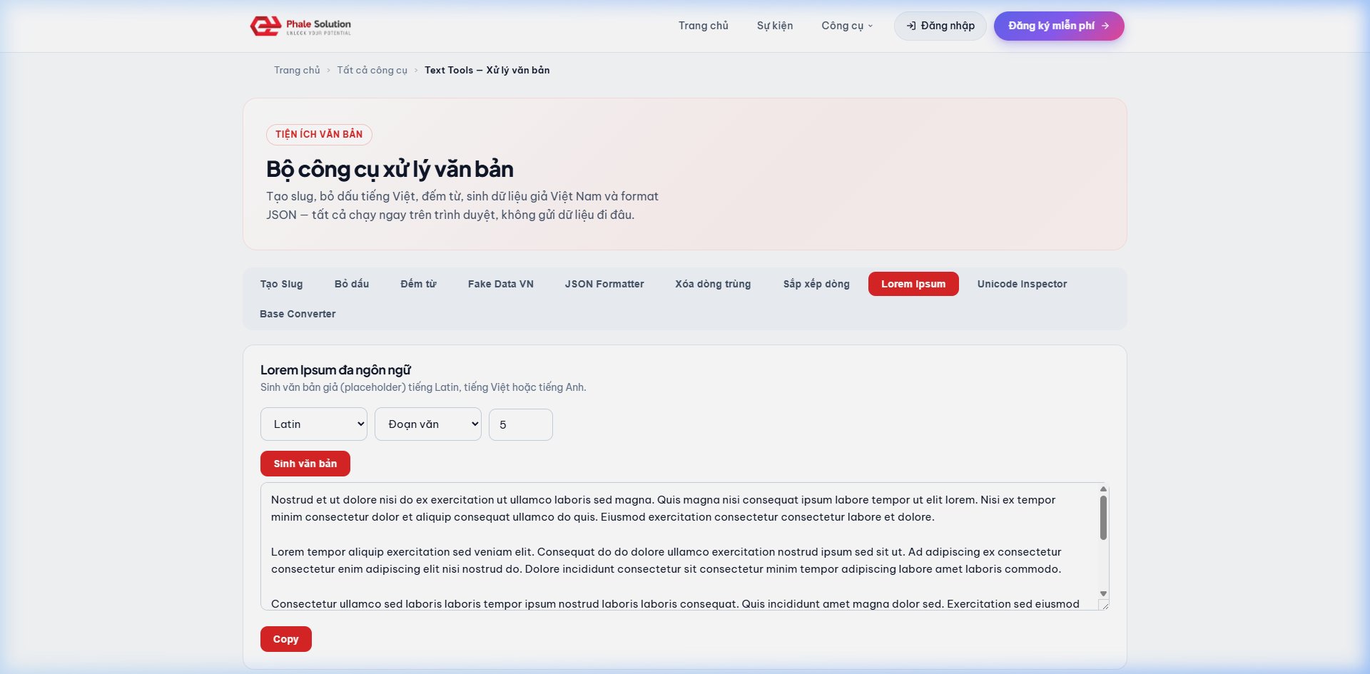 Ảnh chụp màn hình: Giao diện sinh chữ Lorem Ipsum của WebBuilder