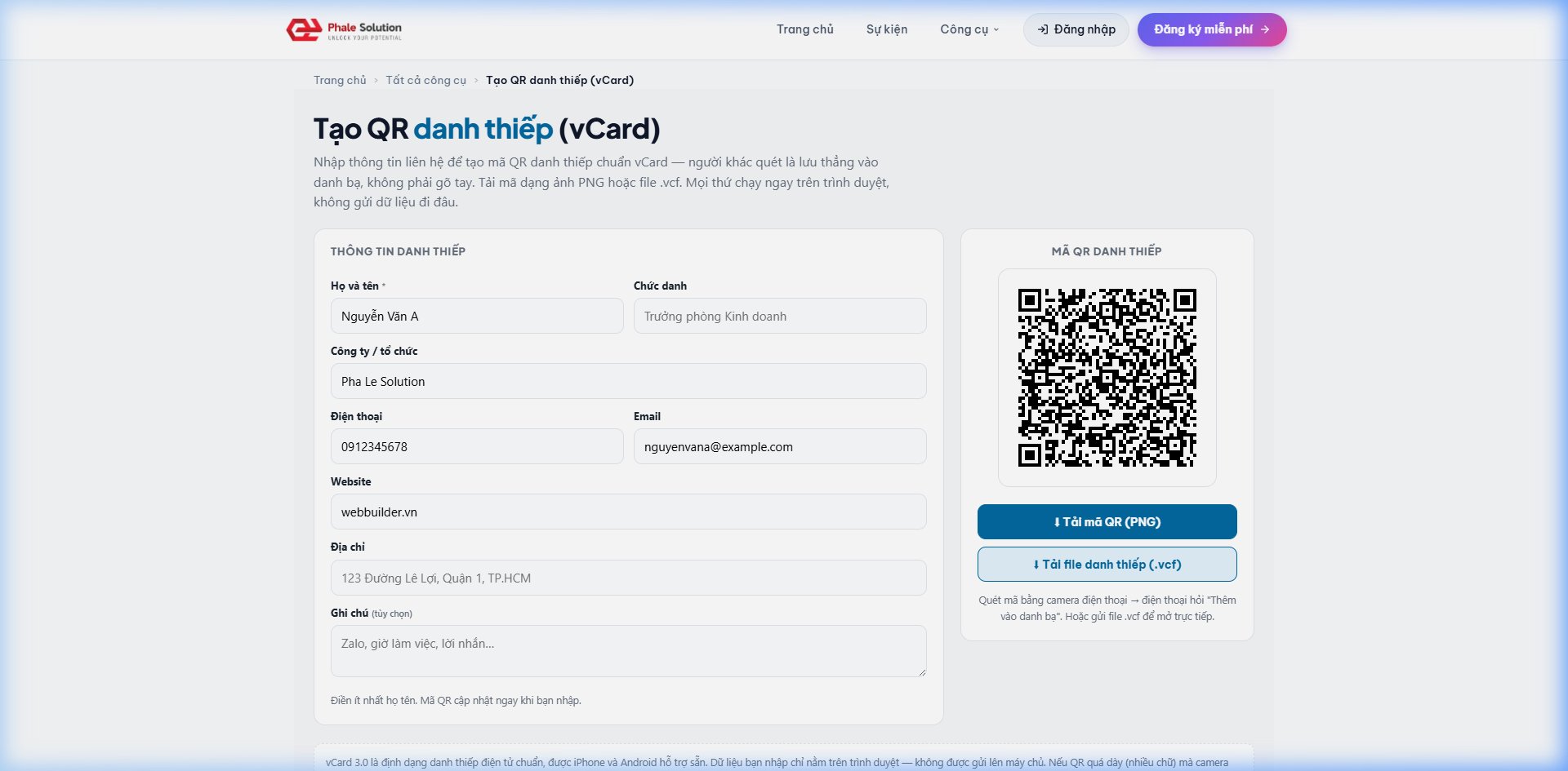 Ảnh chụp màn hình: Quét thử danh bạ vCard bằng điện thoại
