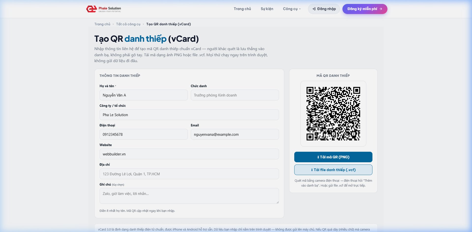 Ảnh chụp màn hình: Giao diện nhập thông tin danh bạ vCard