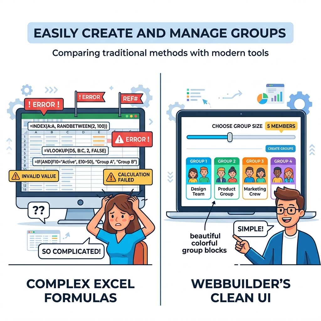 Đồ họa: Chia nhóm bằng Excel phức tạp vs Dùng WebBuilder chia nhóm nhanh