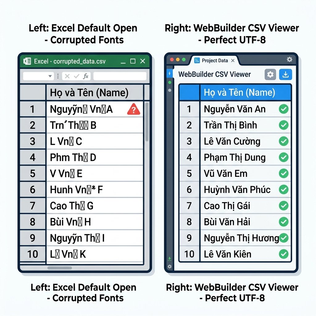 Đồ họa: So sánh lỗi font CSV trên Excel vs Hiển thị đẹp trên WebBuilder