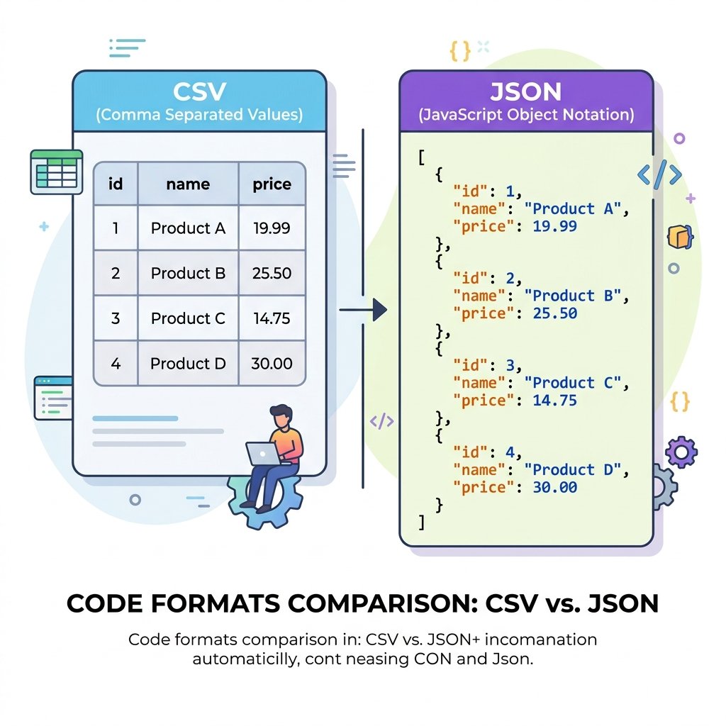 Đồ họa: Cấu trúc cột bảng CSV vs Mảng đối tượng JSON