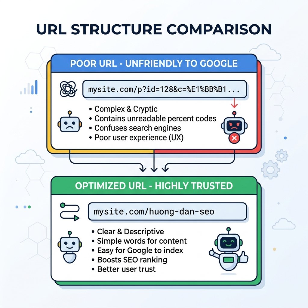 Đồ họa: Đường link thô lộn xộn vs Đường link Slug chuẩn SEO